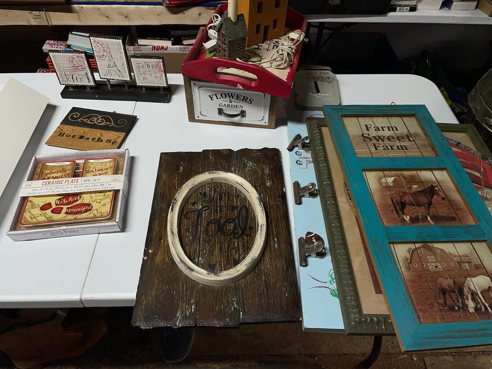 Wooden decorative items-roosters, small lamp, small light house, rooster picture and decorations