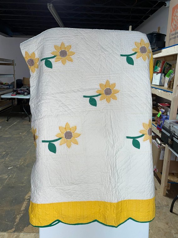 Hand stitched quilt with embroidered sunflowers and scalloped edge-approx. 72" x 96"
