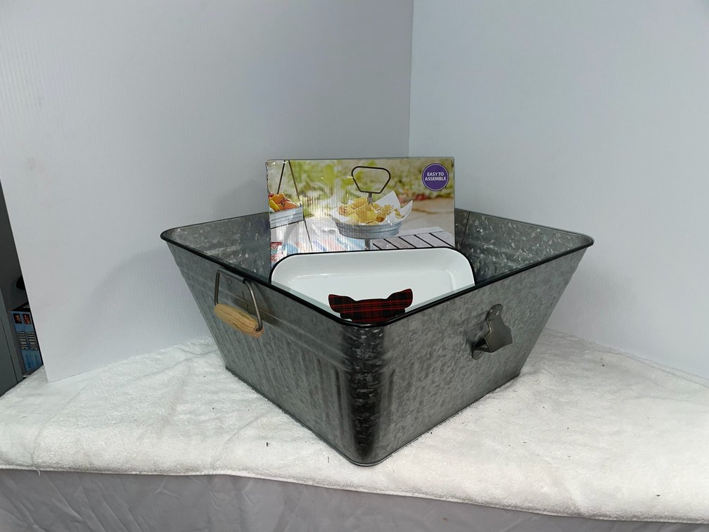 Galvanized tub with bottle opener, serving stand, serving tray