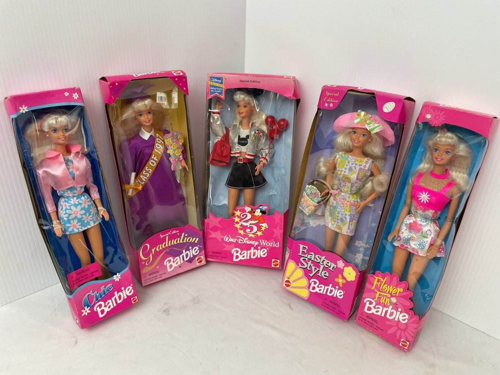 Barbie Fashion Dolls-25th Anniversary Walt Disney World Barbie Doll, Class of 1997 Barbie Graduation Doll, Easter Style Barbie Doll, Flower Fun Barbie, Chic Barbie