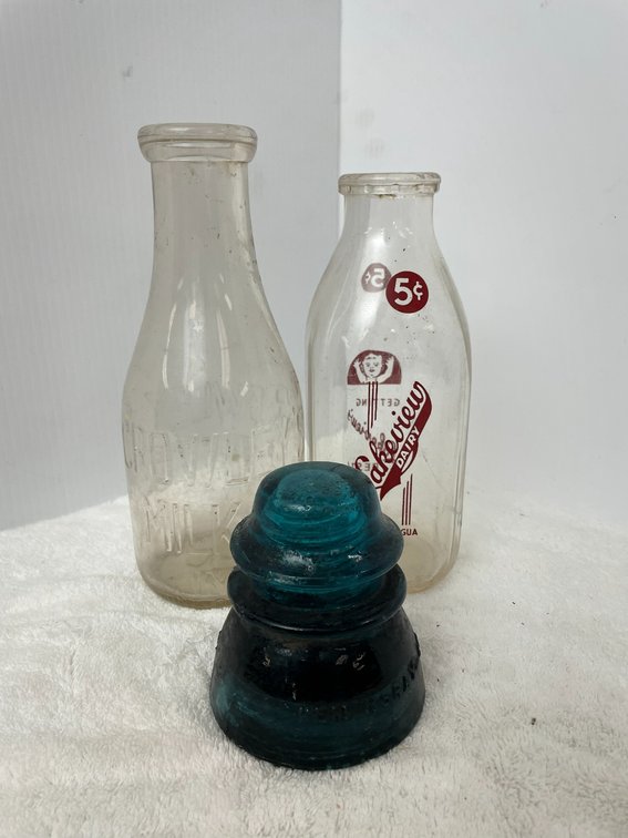 Lakeview quart milk bottle, Crowley's milk bottle, insulator**with damage**