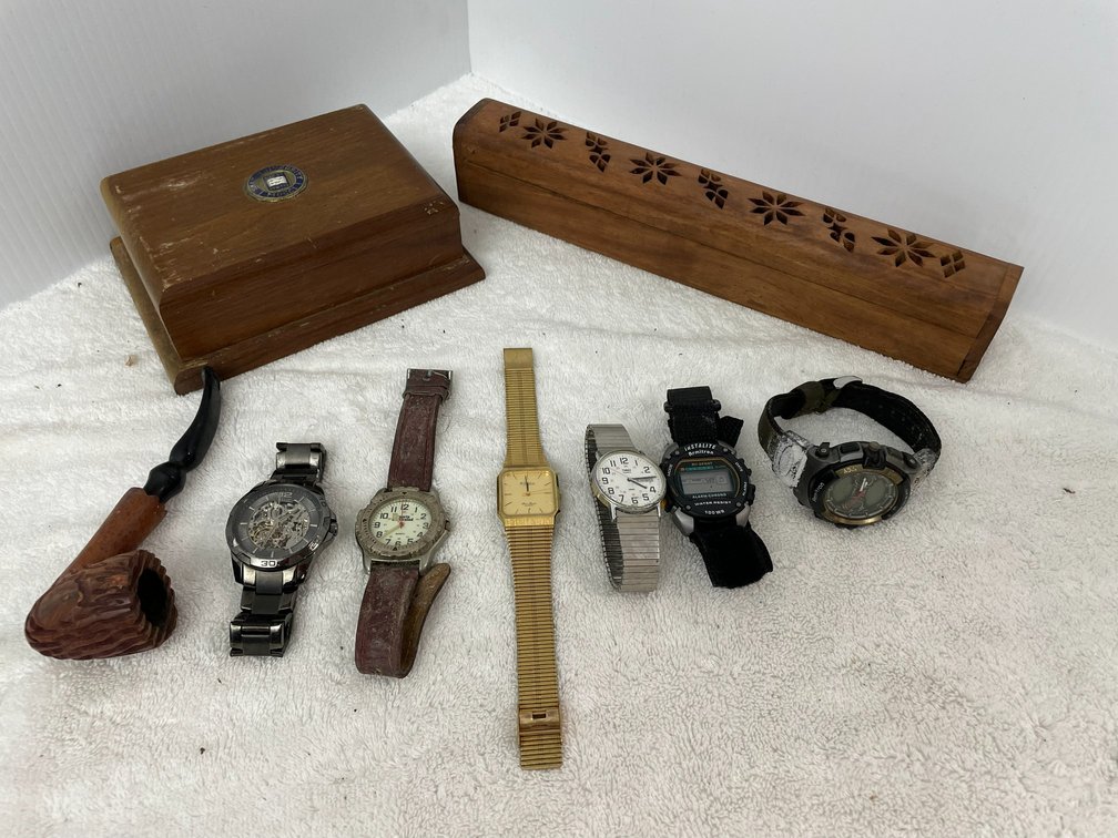 Collection of men's watches-1 with black band is a relic, 1 is Armitron, carved wooden smoking pipe, wooden jewelry box, carved wooden box