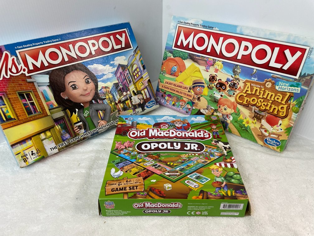 3 Monopoly games-Animal Crossing, Ms. Monopoly and Old McDonald's Opoly Jr