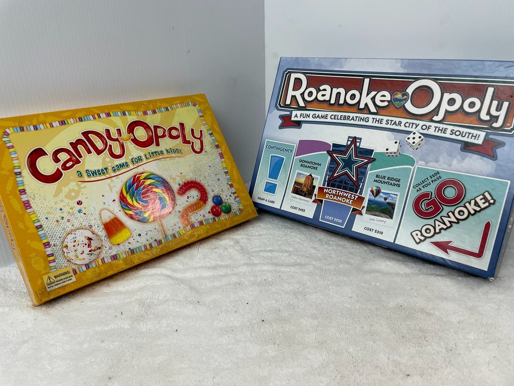 2 Monopoly games-Candy Opoly and Roanoke Opoly