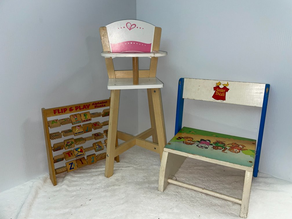 Child's Shirt Tales chair/step stool, ABC fun game, doll highchair