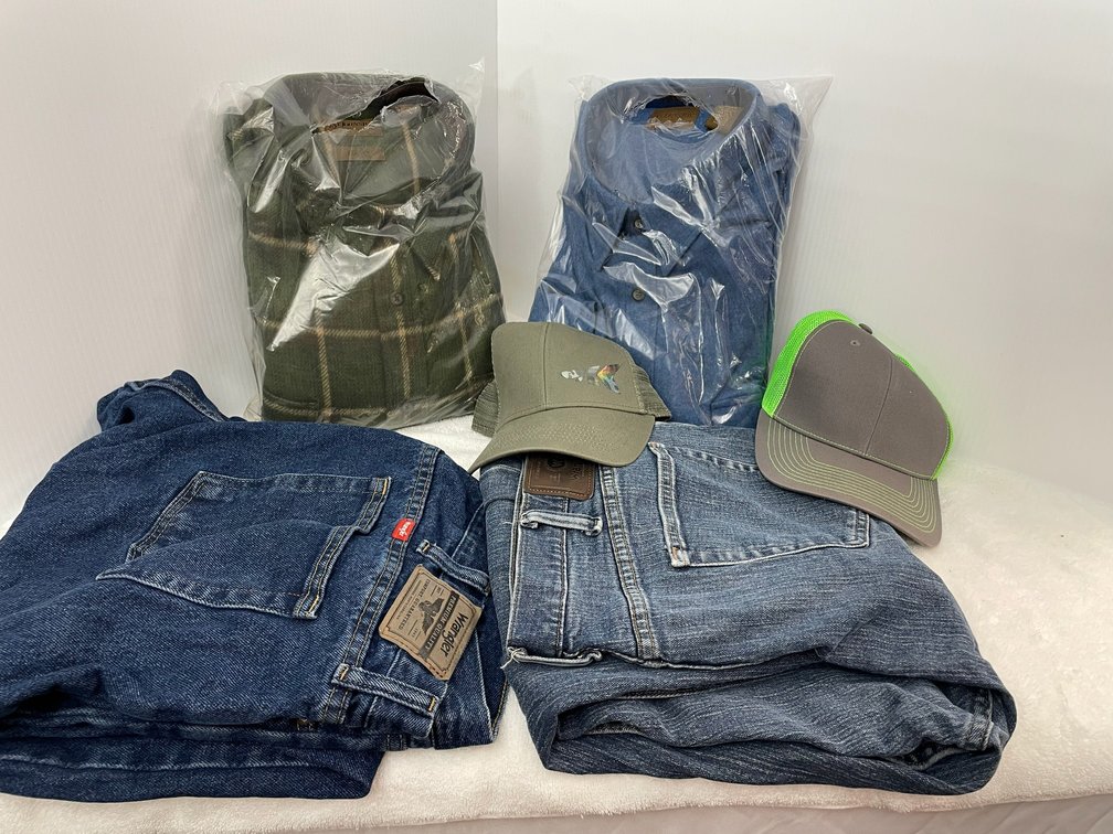 2 St. John's Bay wool button up shirts-XXL tall, 2 pair of Wrangler jeans-42x32, 2 snap back hats