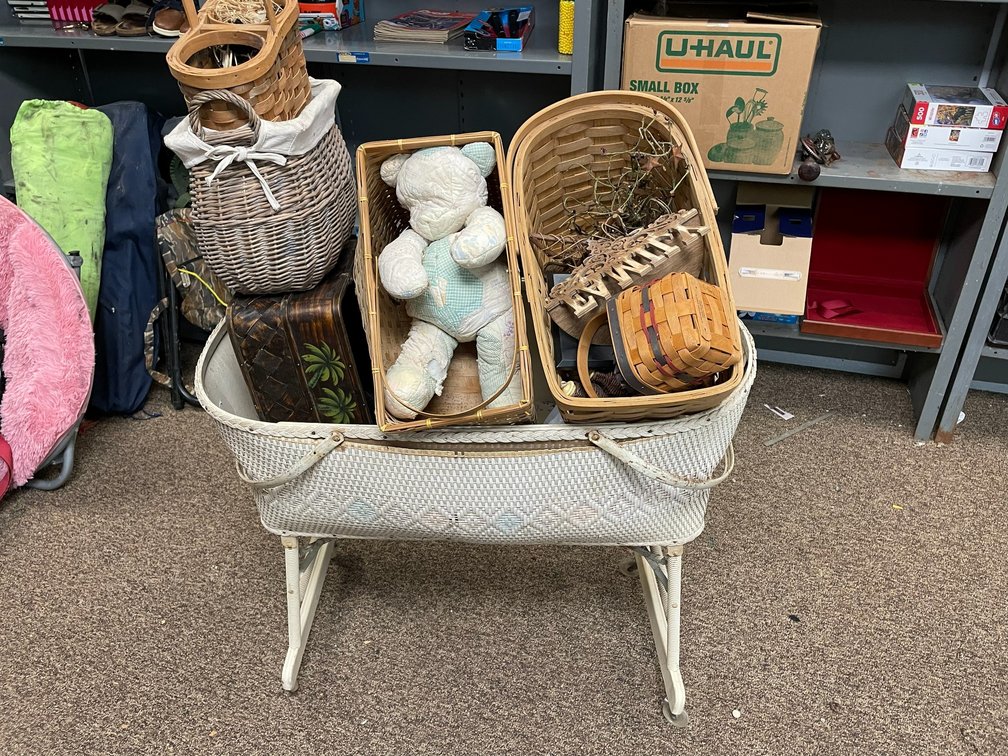 Vintage Wicker Baby Bassinet with Baskets & Decorative Contents