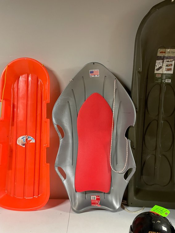 Three Plastic Snow Sleds & Deer Drag Utility Sled