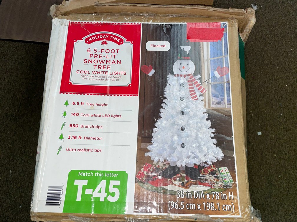 6'5" Flocked white snowman Christmas tree with cool lights