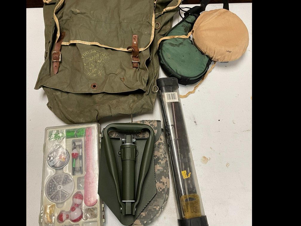 Camping mess kit, camping shovel, collapsible fishing pole, backpack