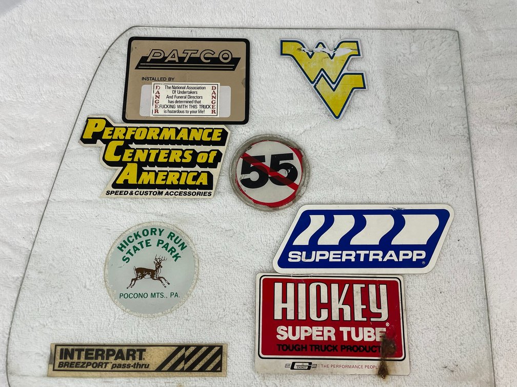 Vintage Automotive & Racing Decal-Stickered Curved Glass Panel