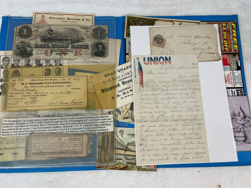 Historic Ephemera & Paper Collection with Railroad Bank Note and 1795 Canal Lottery Ticket