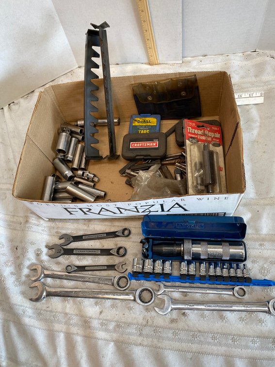 Assortment of Sockets, Craftsman, Gear Matic Wrenches, Taps and Dies Thread Files, Impact Driver