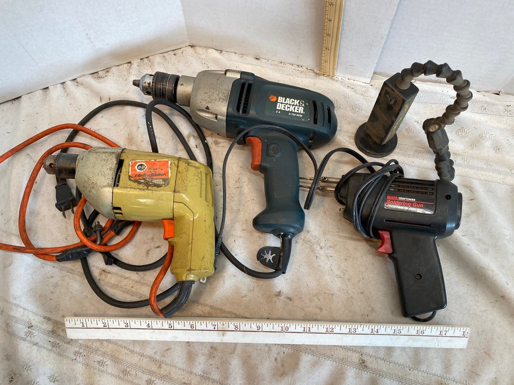 2-Black and decker Drills, Craftsman Soldering Gun, Small work Light
