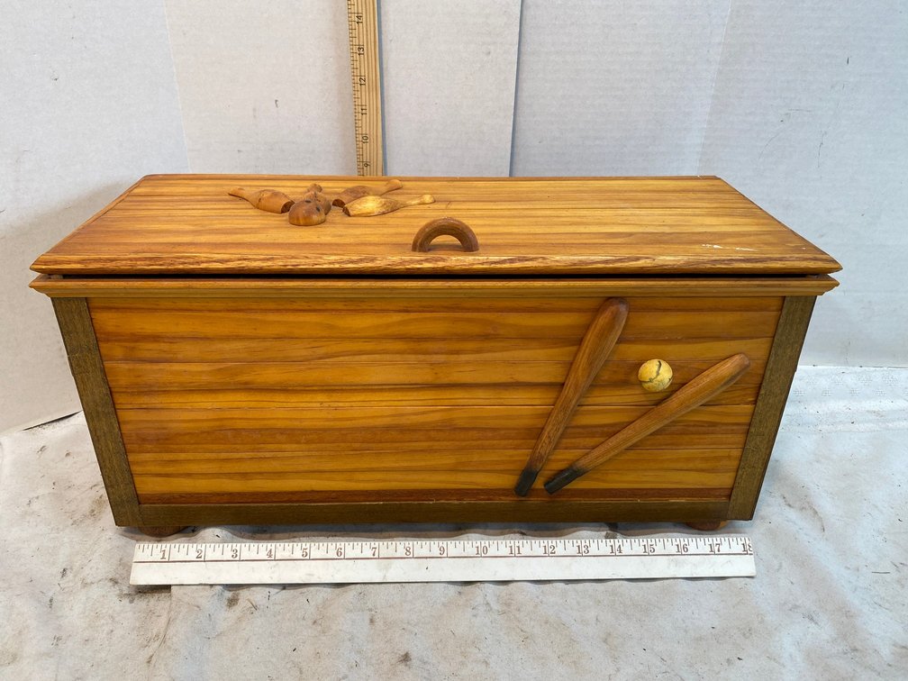 Custom Made Chest with Bowling Pins, Baseball, Bat and Balls, on Top and side