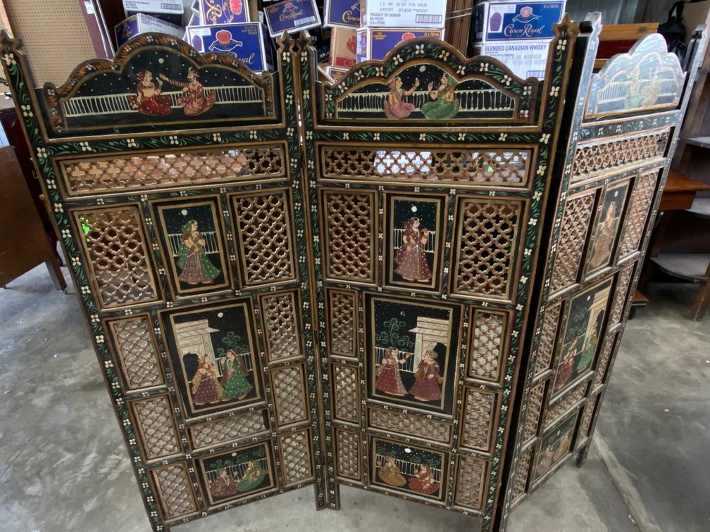 3-Panel Early Hand Carved Wooden Room Divider