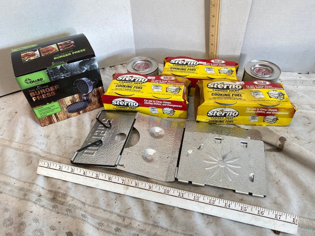 Sterno Cooking Fuel Containers, Folding Sterno Camp Stove and a Burger Press