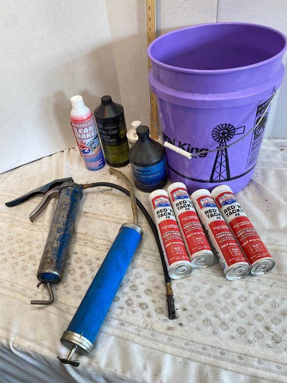 Rural King Bucket, Grease gun, Suction Gun, Brake Fluid, Blake Cleaner