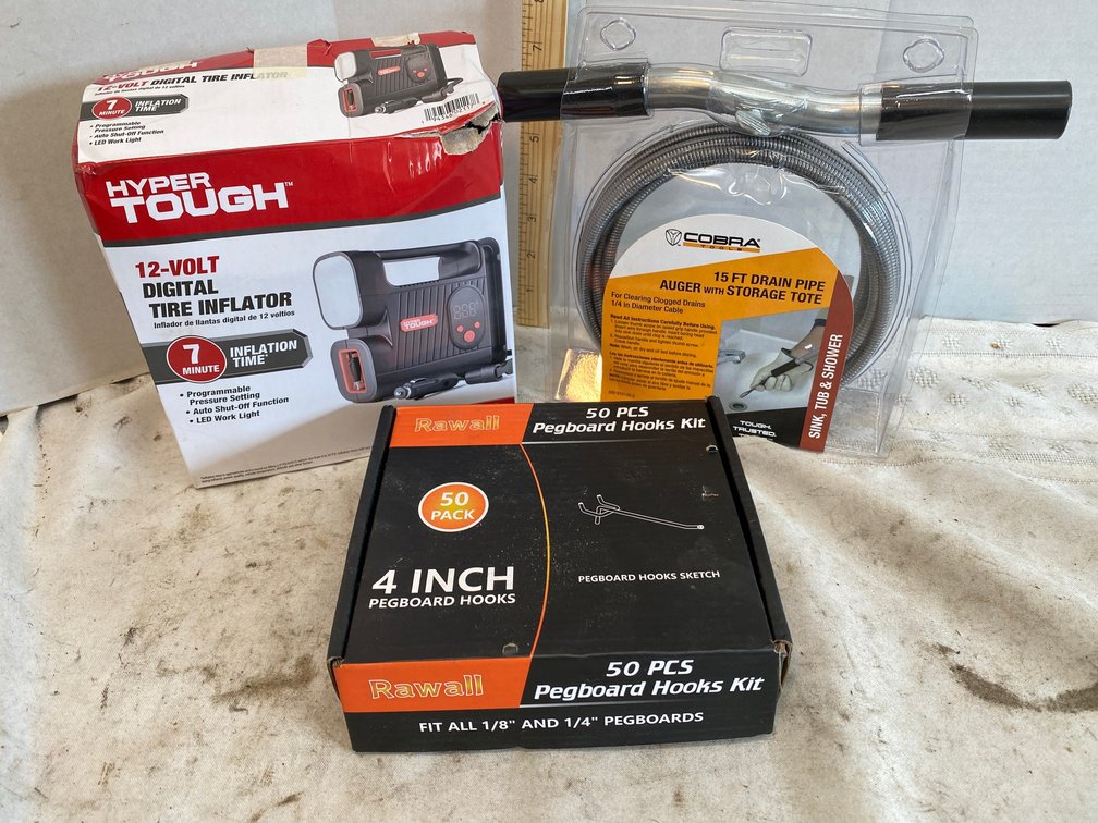4 inch Peg Hooks, Cobra 15 Foot Drain Pipe Auger, Hyper Tough 12 Volt Tire Inflater