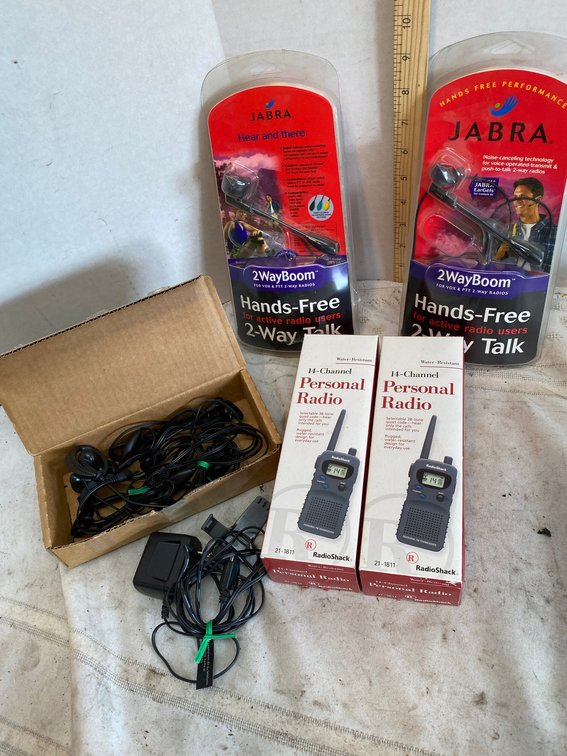 2-Radio Shack 14 Channel Personal Radios, 2-Packs of Hands Free Attachments, Box of Assorted Ear Pieces