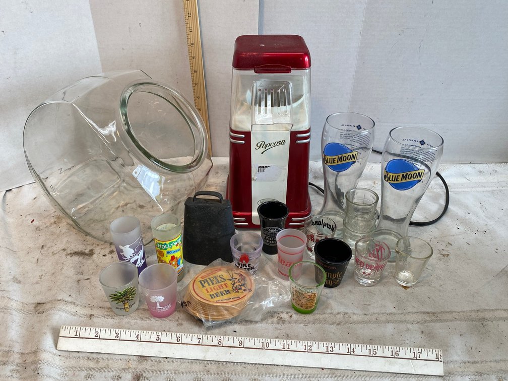 Glass Canister NO Lid, shot Glasses, Retro Style Popcorn Popper