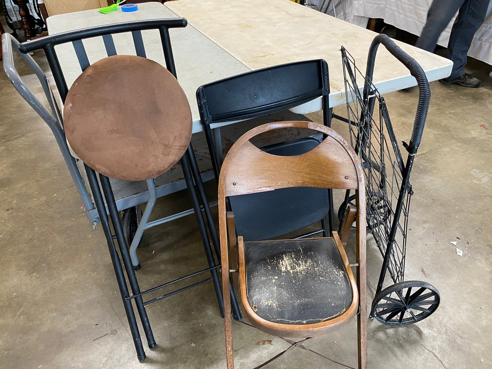 2-Folding chairs, Folding Stool, Folding Rolling basket