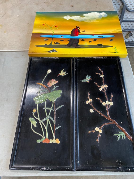2-Flower Scenes on Hardboard with birds, and 1 canvas Fisherman