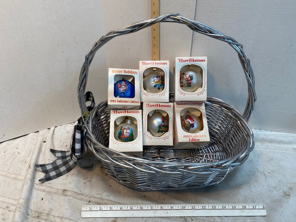 Cambell Soup Christmas Ornaments and a Basket
