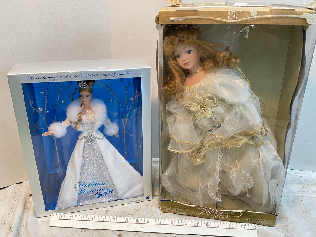 Holiday Visions Barbie Doll from 2003, and a Porcelain Doll
