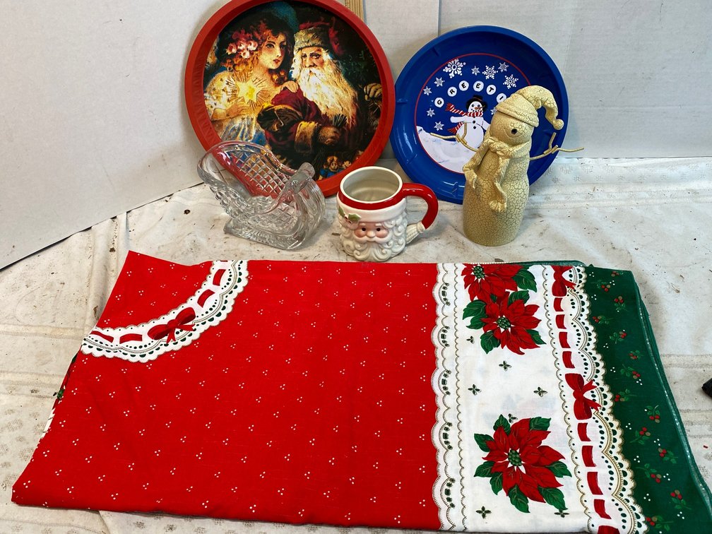 Christmas Items, Christmas tablecloth, Trays, Glass Sleigh, Santa Mug, Snowman