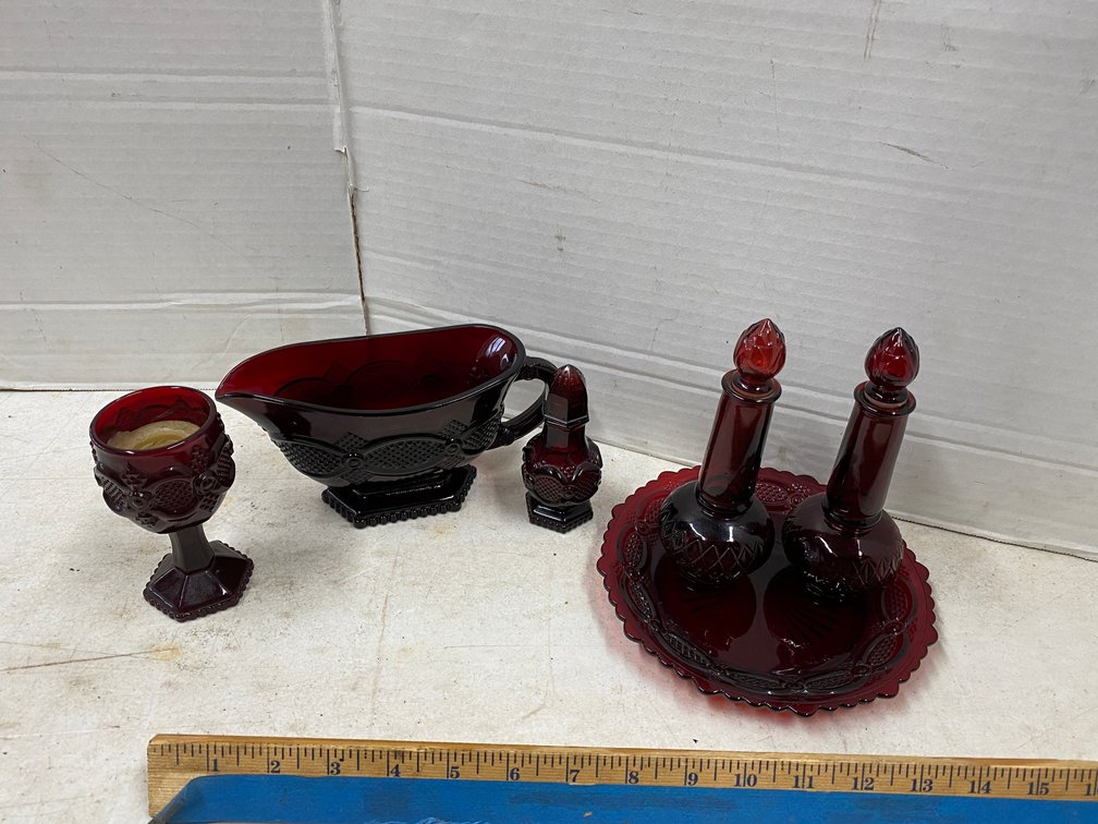 Ruby glass Items, 2- Avon Bottles, Avon Gravy Boat, Candle, Plate