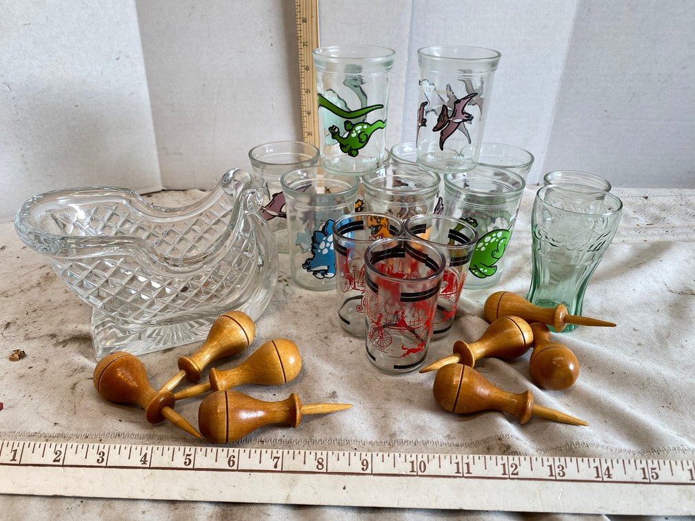 Welch's Dinosaur Collectable glasses, Wooden Corn Holders, Glass Sleigh