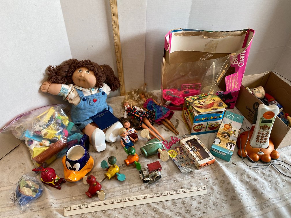 Cabbage Patch Doll, Barbie, Vintage Pull Toy, Melanie's Accessories, Dog Bone Telephone, Apple bank and More