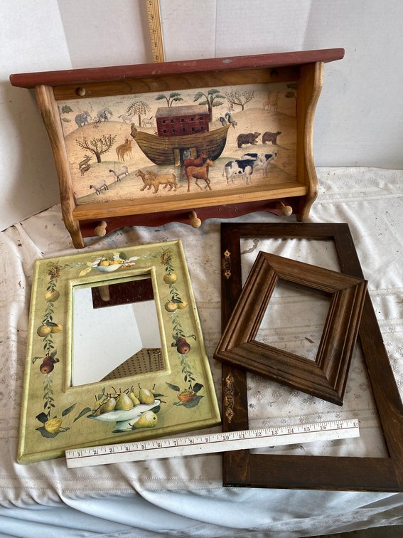 Noah's Ark Wall Shelf with Hanging Hooks, Fruit Decorated Mirror, Wooden Frames