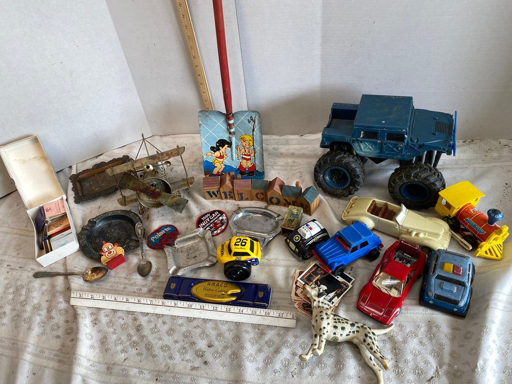 Assorted Cars and Truck Toys, Tin Airplane, Ash Trays, Welcome Sign, Metal Kid's shovel