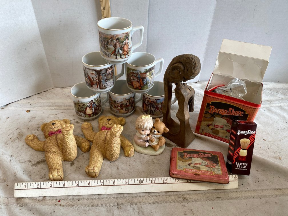 Coffee Mugs and Burma-Shave Tin Kit, Home Interior Wall hanging Teddy Bear, Girl Figurine, Wooden Kissing Sculpture