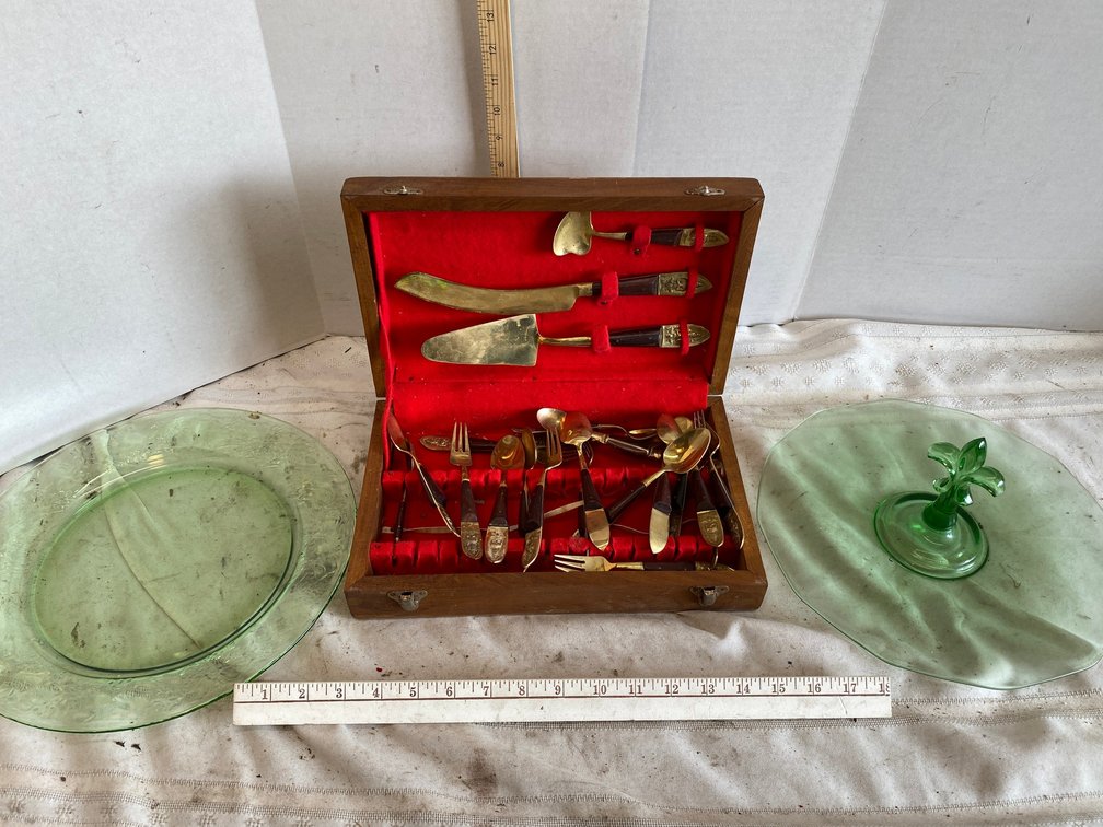 Brass Silverware Set, Green Depression Glass, Handle Dish, Plate