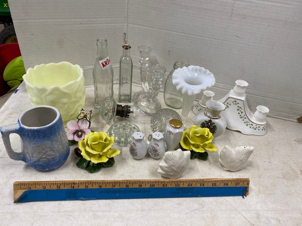 Assortment of Vases, Salt and Pepper Shakers, Flowers, Candle Holders