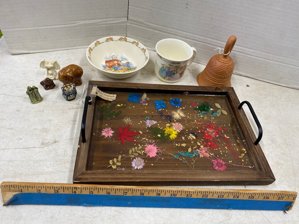 Bunnykins Bowl and Cup, Handmade Resin Covered Serving Tray, Bell, Miniature Figures