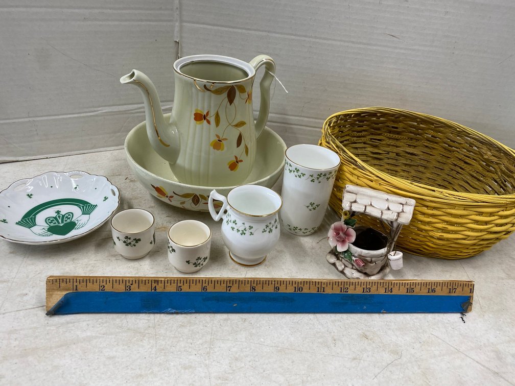 Jewel Tea Pitcher- NO lid, Shamrock Plates and Mugs, Basket