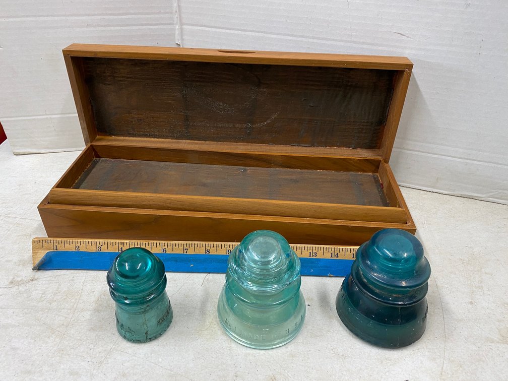 Custom Wooden box, 3-Glass Insulators