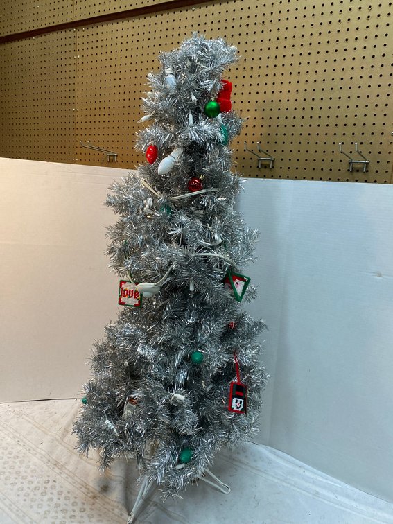 4 Foot Tall Artificial Christmas tree in Silver with Lights and some Decorations
