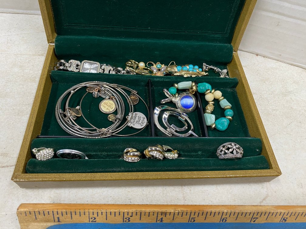 Jewelry Box with Assorted Costume Jewelry Rings, Bracelets and Watch, Pins