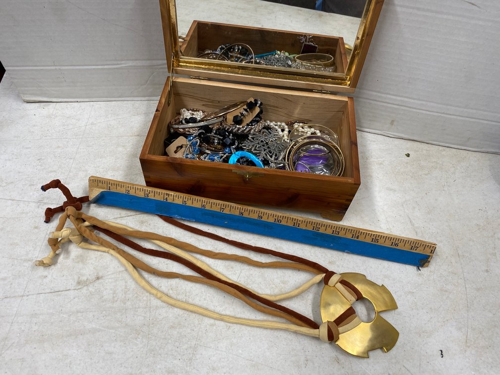Wooden Jewelry Box with Mirrored Inside and Costume Jewelry Necklaces, Bracelets, Pins