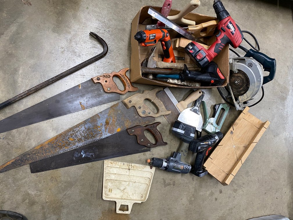 Tools, Circular Saw, Hand Saw, Miter Box, Drills with NO Chargers, Finishing Tools, Hammers