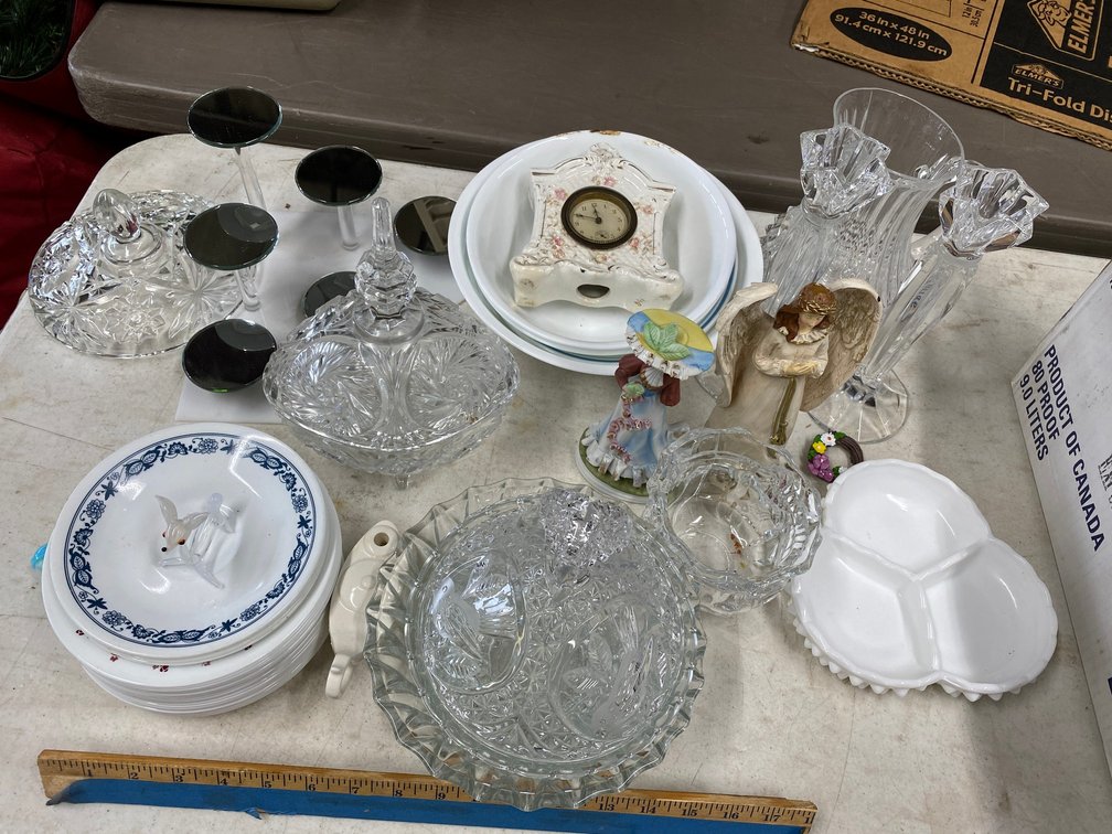 Assorted glass ware, Decorator Items, Corelle Dishes and Bowls, Candle Sticks