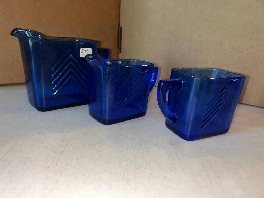 Cobalt blue Chevron glass creamer, sugar, small pitcher