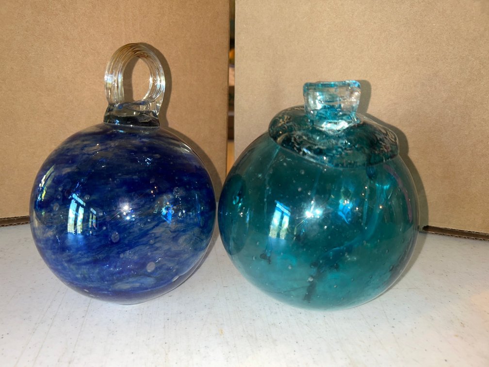 2 Hand blown glass with applied handle bulbs