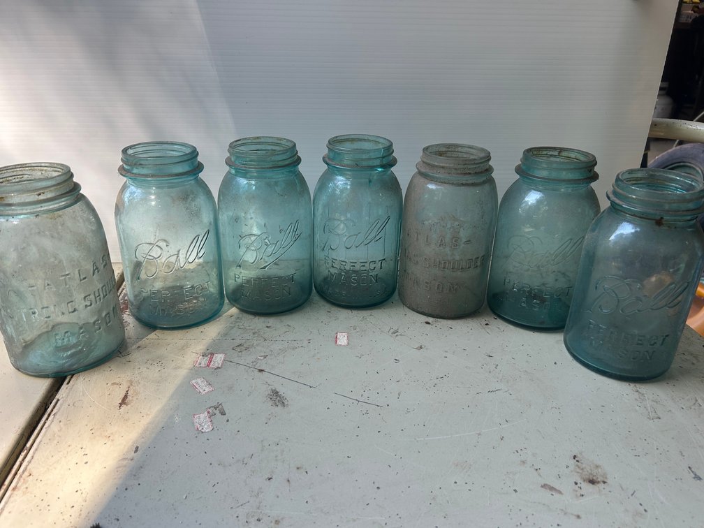 Selection of Atlas and Ball canning jars including a #13 Ball Mason jar