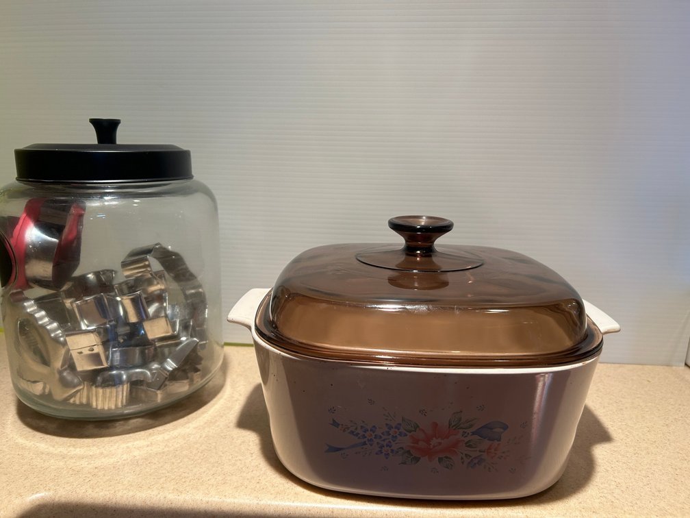 Jar with cookie cutters, CorningWare baking dish
